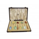 Set of Eight Sterling Silver Demitasse Spoons with Gold Wash and Enamel